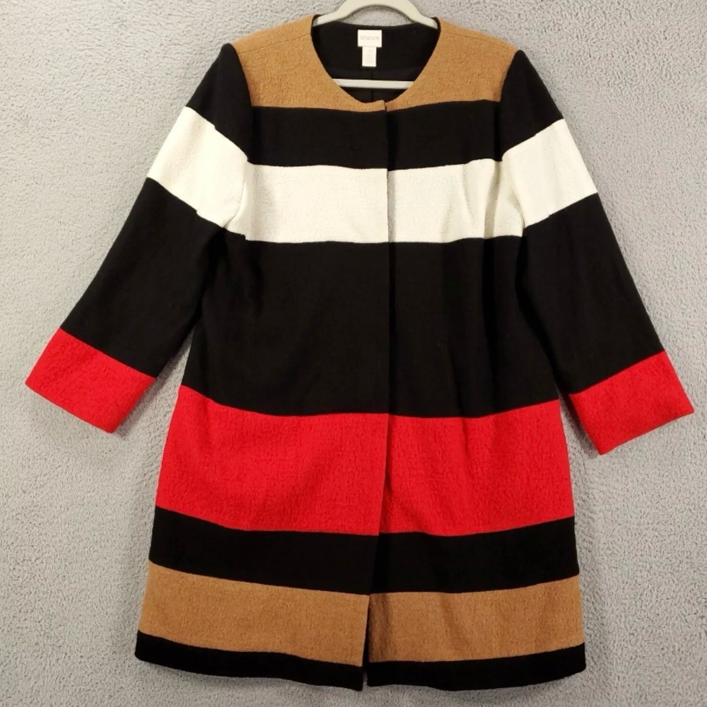 ◾️Chico’s Red & Black Striped, Zip Front, Pockets, Longline Wool Coat Jacket. L